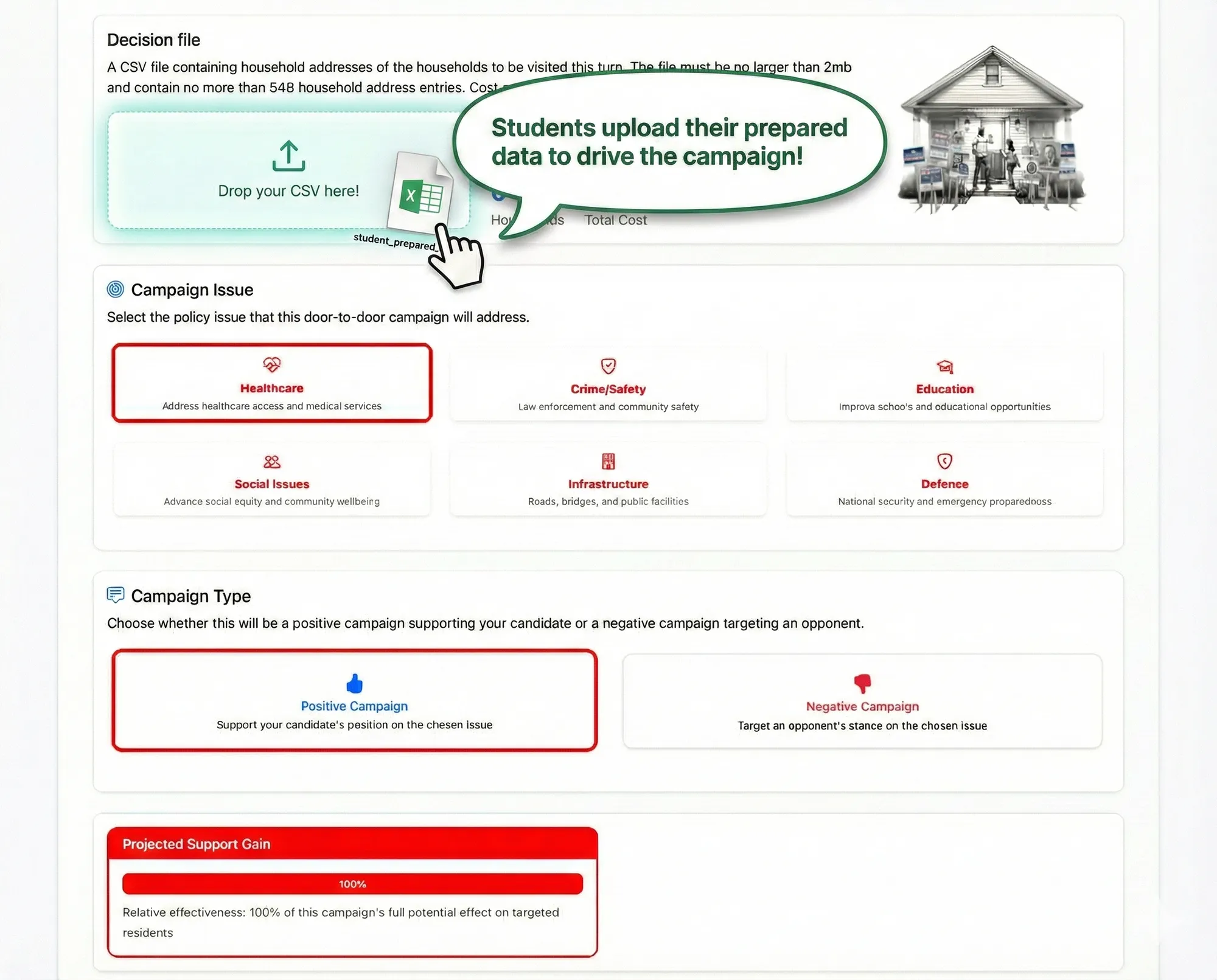 Campaign CSV upload interface showing file validation and cost calculation